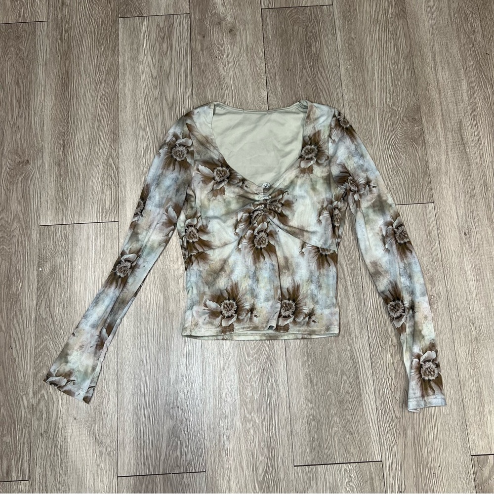 Y2K Floral V-neck Sheer Long Sleeve Ruched Drawstring Scrunched Tie Front Top S